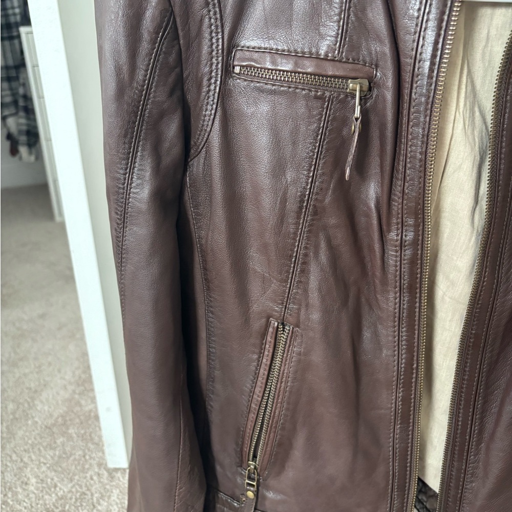 Andrew Marc Brown Leather Jacket Classic Motorcycle Style - Picture 3 of 6